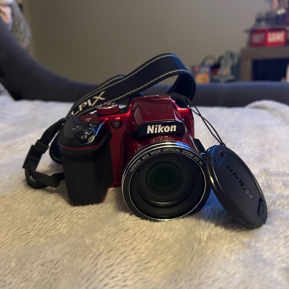 Nikon Coolpix B500. Red Digital Camera with Zoom Lens and Black Strap